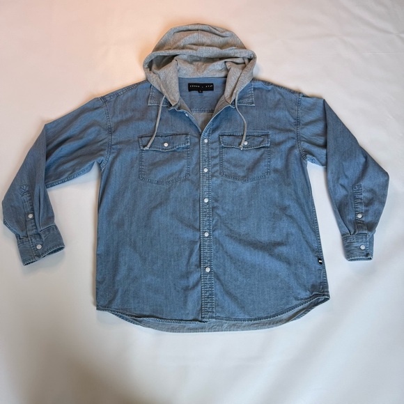 Edgar + Ash Chambray Denim Hooded Shirt size medium long sleeve 100% cotton - Picture 1 of 8